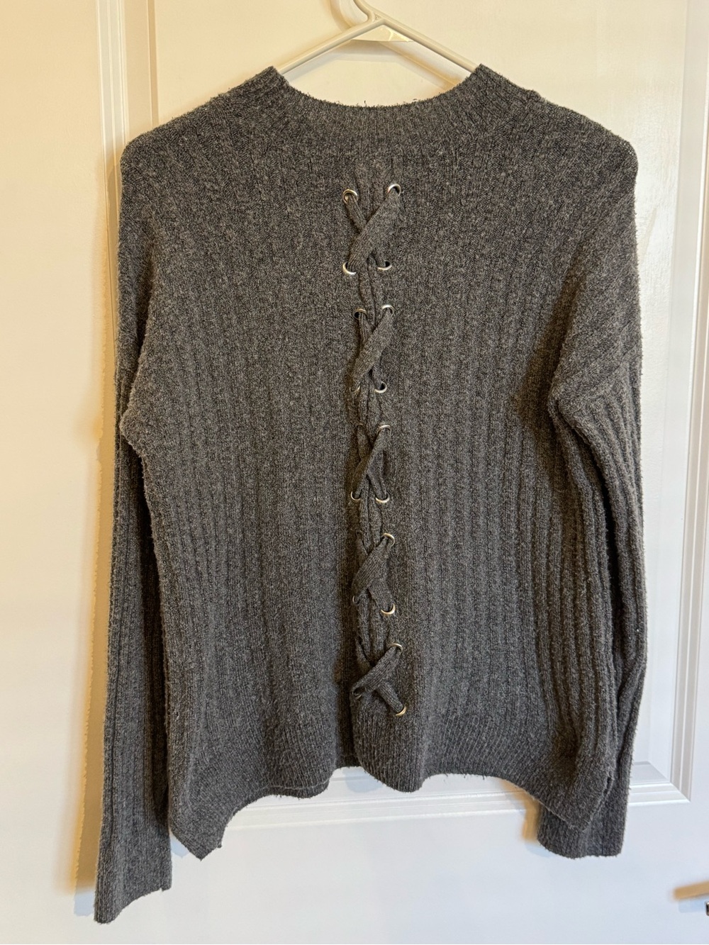 Ribbed Crewneck Sweater in Charcoal Gray with Crisscross Detail on Back, Size M